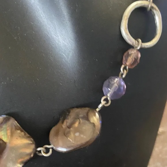 Vintage Lia Sophia abalone shell & baroque pearl necklace, NY floating bead - Picture 10 of 13